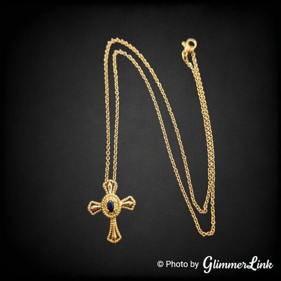 STS Karis Dark Blue Sapphire Religious Cross Gold Plated Pendant Necklace - Picture 1 of 13